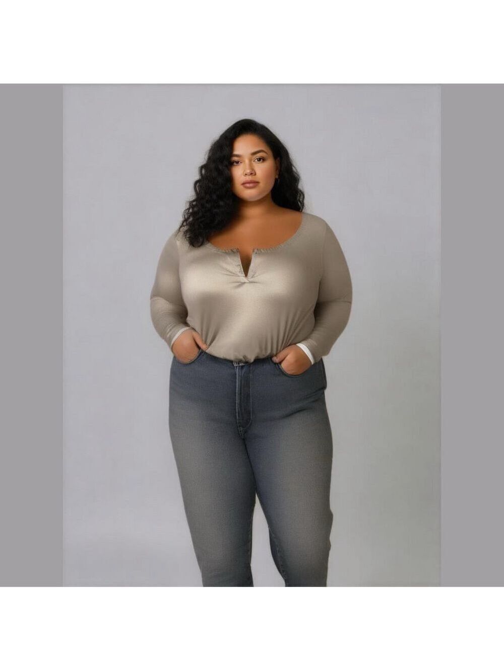Capella Plus Size Dunkin’ Latte Long Sleeve Split Neck Linen Blend Bodysuit